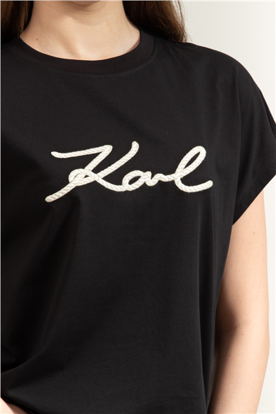 Karl Lagerfeld Rope Logo T-Shirt Kadın Bisiklet Yaka T-Shirt Siyah