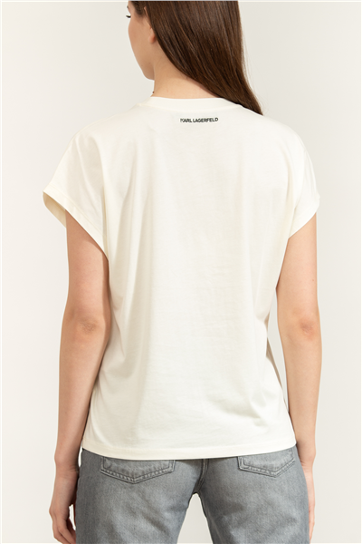 Karl Lagerfeld Rope Logo T-Shirt Kadın Bisiklet Yaka T-Shirt Krem
