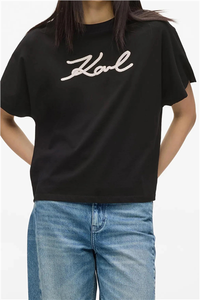 Karl Lagerfeld Rope Logo T-Shirt Kadın Bisiklet Yaka T-Shirt Siyah