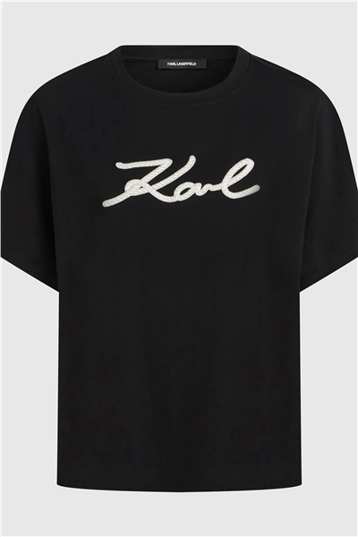 Karl Lagerfeld Rope Logo T-Shirt Kadın Bisiklet Yaka T-Shirt Siyah