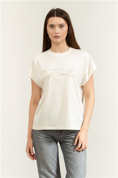 Karl Lagerfeld Rope Logo T-Shirt Kadın Bisiklet Yaka T-Shirt Krem