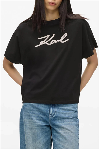 Karl Lagerfeld Rope Logo T-Shirt Kadın Bisiklet Yaka T-Shirt Siyah
