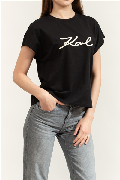 Karl Lagerfeld Rope Logo T-Shirt Kadın Bisiklet Yaka T-Shirt Siyah