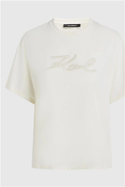 Karl Lagerfeld Rope Logo T-Shirt Kadın Bisiklet Yaka T-Shirt Krem