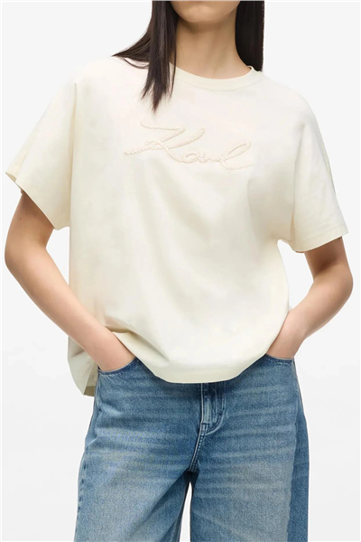 Karl Lagerfeld Rope Logo T-Shirt Kadın Bisiklet Yaka T-Shirt Krem