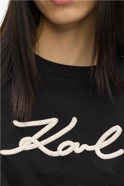 Karl Lagerfeld Rope Logo T-Shirt Kadın Bisiklet Yaka T-Shirt Siyah