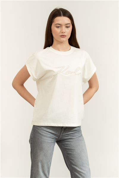 Karl Lagerfeld Rope Logo T-Shirt Kadın Bisiklet Yaka T-Shirt Krem