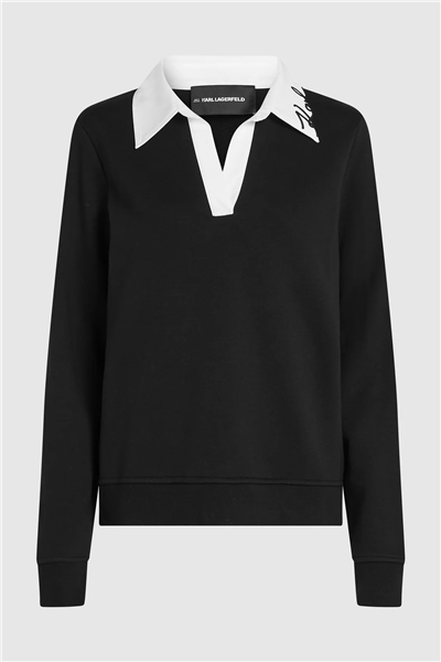 Karl Lagerfeld Signature Collar Kadın V Yaka Sweatshirt Siyah