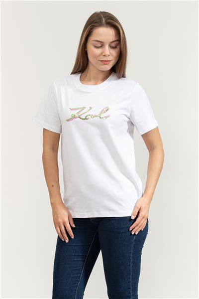 Karl Lagerfeld Signature Sequins Kadın Bisiklet Yaka T-Shirt