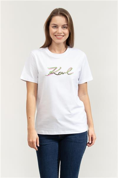 Karl Lagerfeld Signature Sequins Kadın Bisiklet Yaka T-Shirt