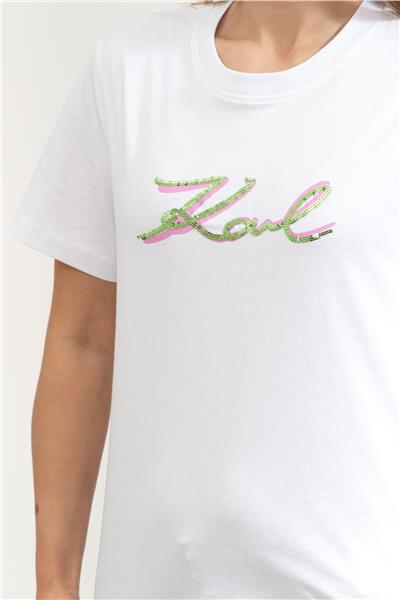 Karl Lagerfeld Signature Sequins Kadın Bisiklet Yaka T-Shirt
