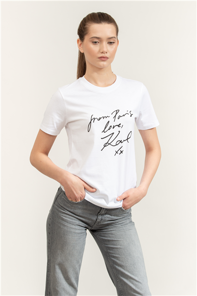 Karl Lagerfeld With Love T-Shirt Kadın Bisiklet Yaka T-Shirt Beyaz