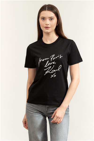 Karl Lagerfeld With Love T-Shirt Kadın Bisiklet Yaka T-Shirt Siyah