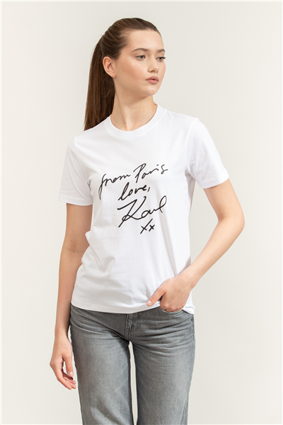 Karl Lagerfeld With Love T-Shirt Kadın Bisiklet Yaka T-Shirt Beyaz