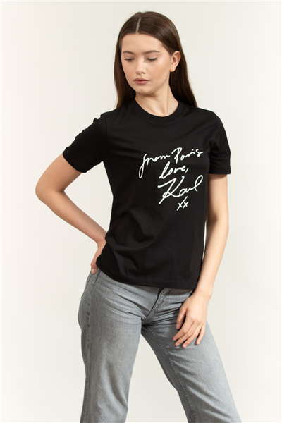 Karl Lagerfeld With Love T-Shirt Kadın Bisiklet Yaka T-Shirt Siyah