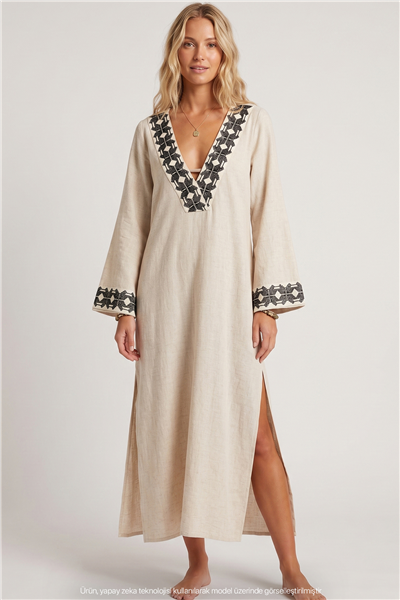 Lalamia Kadın Kenevir Keten Kaftan Ekru