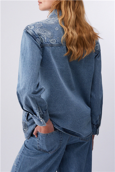 Liu Jo Giacca Camicia Deni Ricamo M/L Kadın Kot Mont Mavi