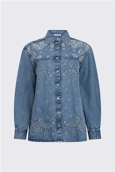 Liu Jo Giacca Camicia Deni Ricamo M/L Kadın Kot Mont Mavi