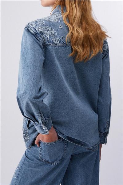 Liu Jo Giacca Camicia Deni Ricamo M/L Kadın Kot Mont Mavi