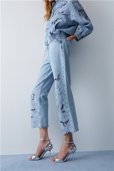 Liu Jo Pant.Straight Flower Emb.R.W. Kadın Jean Pantolon Mavi