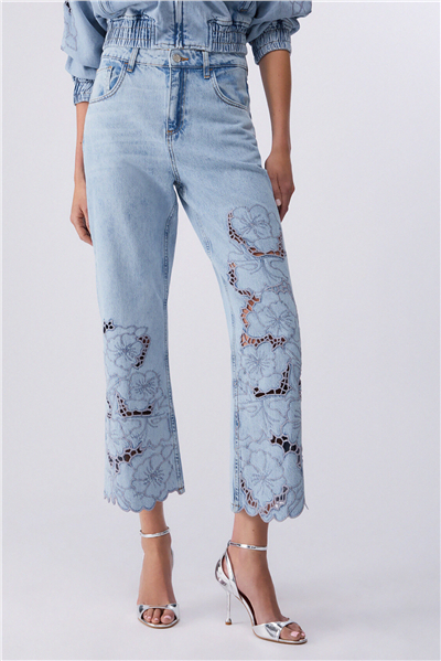 Liu Jo Pant.Straight Flower Emb.R.W. Kadın Jean Pantolon Mavi