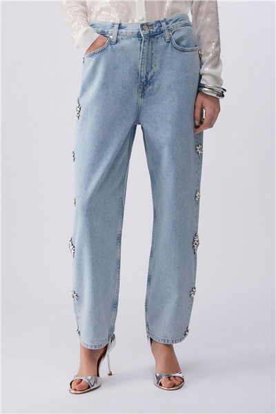 Liu Jo Pant.Straight Studs H.W. Kadın Jean Pantolon Mavi