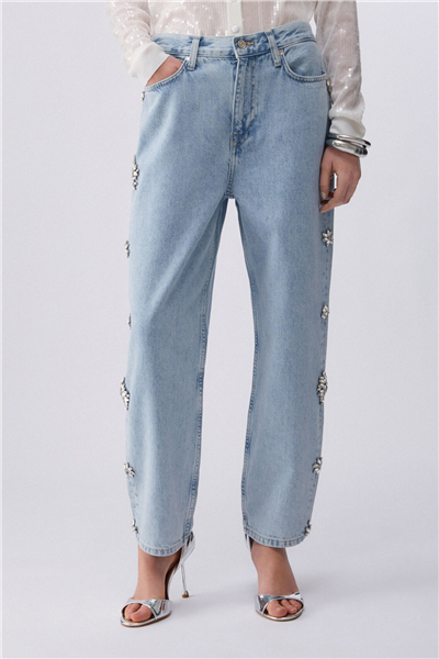 Liu Jo Pant.Straight Studs H.W. Kadın Jean Pantolon Mavi