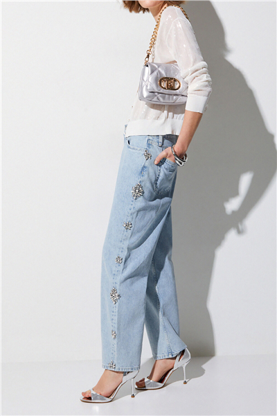 Liu Jo Pant.Straight Studs H.W. Kadın Jean Pantolon Mavi