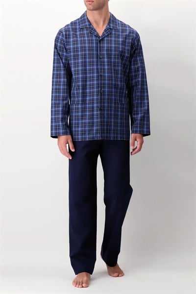 Perofil Tie Design Open With Collar Pajamas Erkek Pijama Takimi Mavi