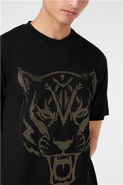 Plein Sport Cotton T-Shirt Round Neck SS Lamina Tiger Erkek Bisiklet Yaka T-Shirt