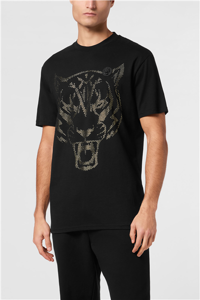 Plein Sport Cotton T-Shirt Round Neck SS Lamina Tiger Erkek Bisiklet Yaka T-Shirt