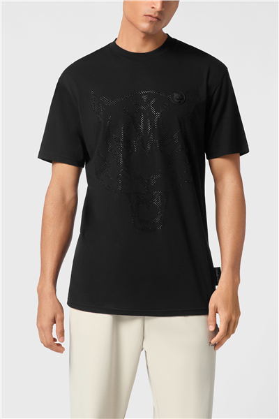 Plein Sport Cotton T-Shirt Round Neck SS Lamina Tiger Erkek Bisiklet Yaka T-Shirt