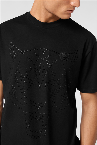 Plein Sport Cotton T-Shirt Round Neck SS Lamina Tiger Erkek Bisiklet Yaka T-Shirt