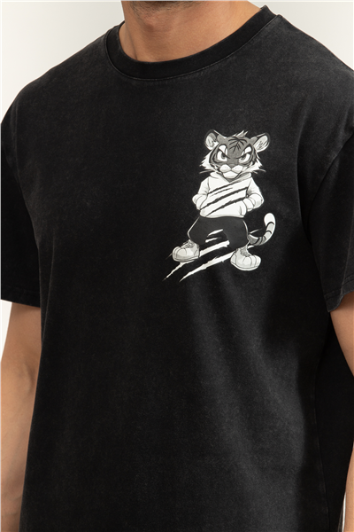 Plein Sport Washed Fleece Round Neck T-Shirt Tiger Scratch Erkek Bisiklet Yaka T-Shirt