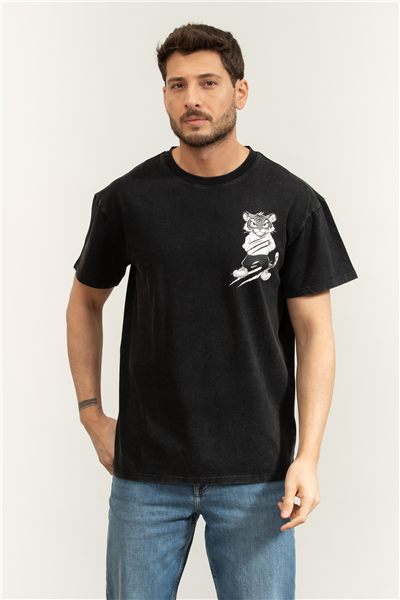 Plein Sport Washed Fleece Round Neck T-Shirt Tiger Scratch Erkek Bisiklet Yaka T-Shirt