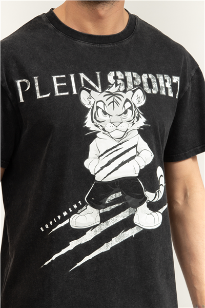 Plein Sport Washed Fleece T-Shirt Scratch Tiger Erkek Bisiklet Yaka T-Shirt