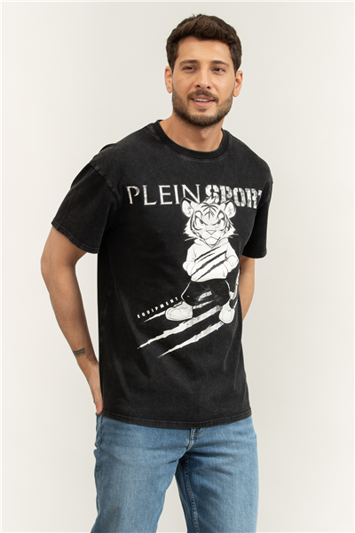 Plein Sport Washed Fleece T-Shirt Scratch Tiger Erkek Bisiklet Yaka T-Shirt