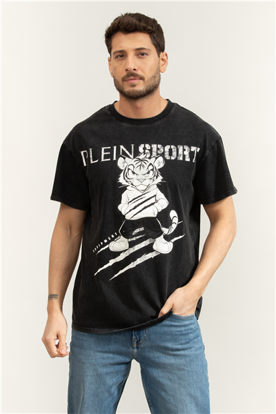 Plein Sport Washed Fleece T-Shirt Scratch Tiger Erkek Bisiklet Yaka T-Shirt