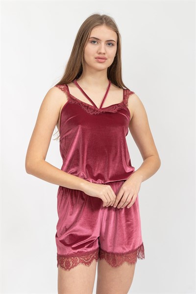 Rosaleen Kadife Şortlu Kadın Pijama Takımı Bordo