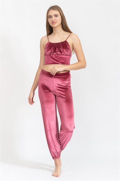Rosaleen Kroplu Kadife Kadın Pijama Takımı Bordo