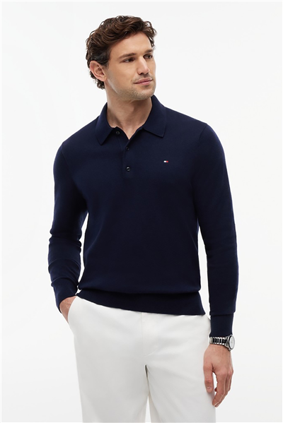 Tommy Hilfiger Pima Org Ctn Cashmere Ls Polo Erkek Triko Mavi