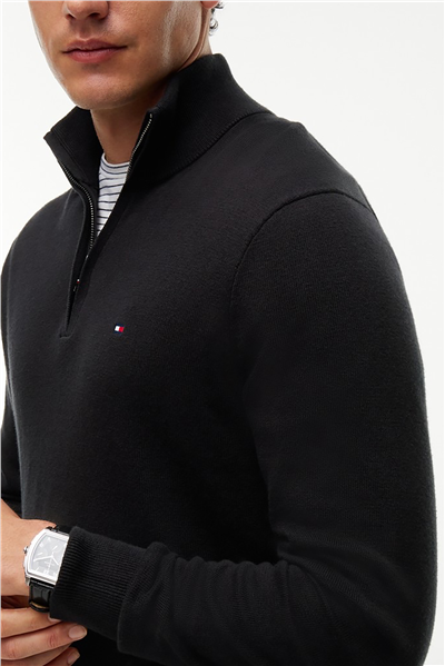 Tommy Hilfiger Pima Org Ctn Cashmere Zip Mock Erkek Triko Siyah