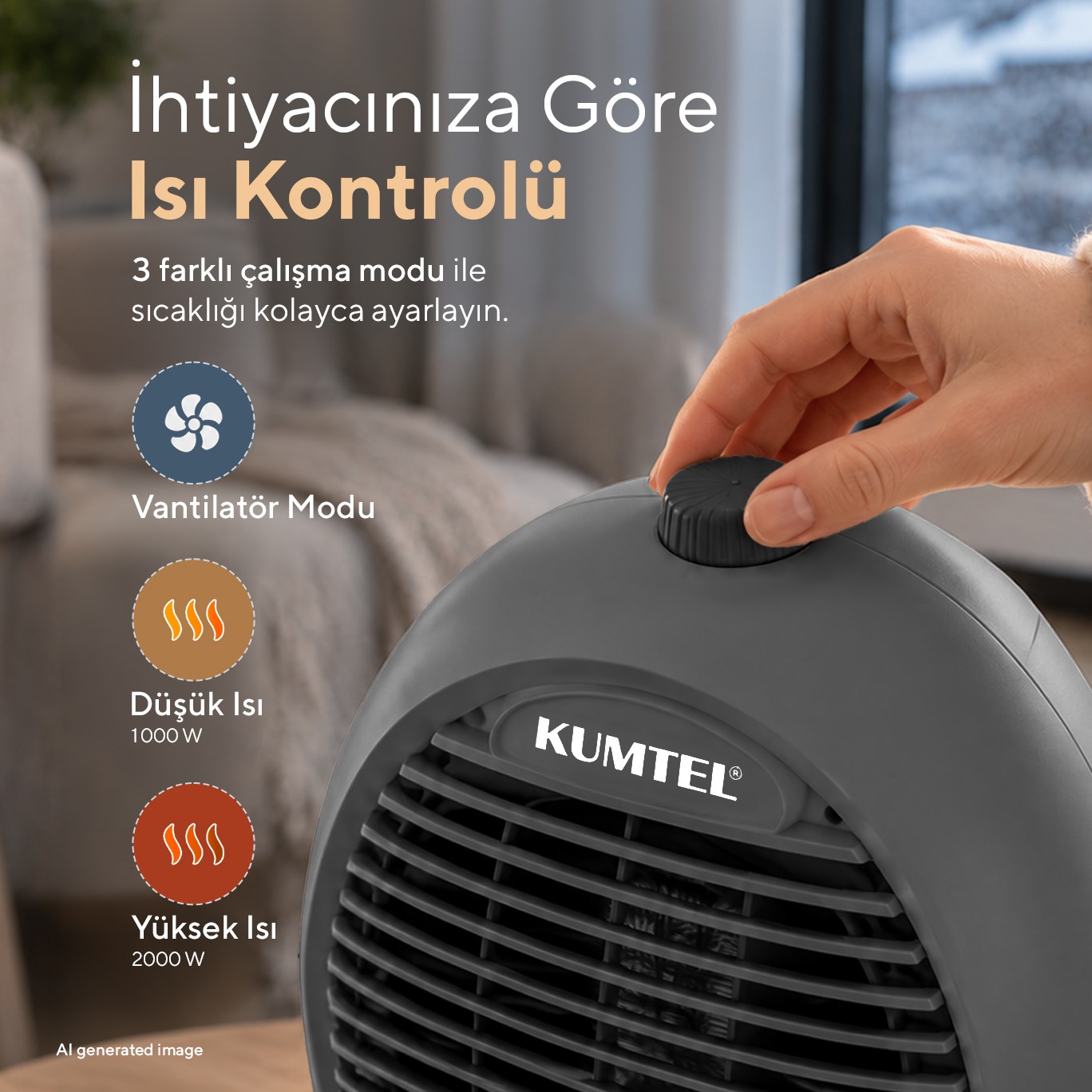 Kumtel 2000 W 3 Kademeli Sıcak-Soğuk Üflemeli Elektrikli Fanlı Isıtıcı Füme LX-6331