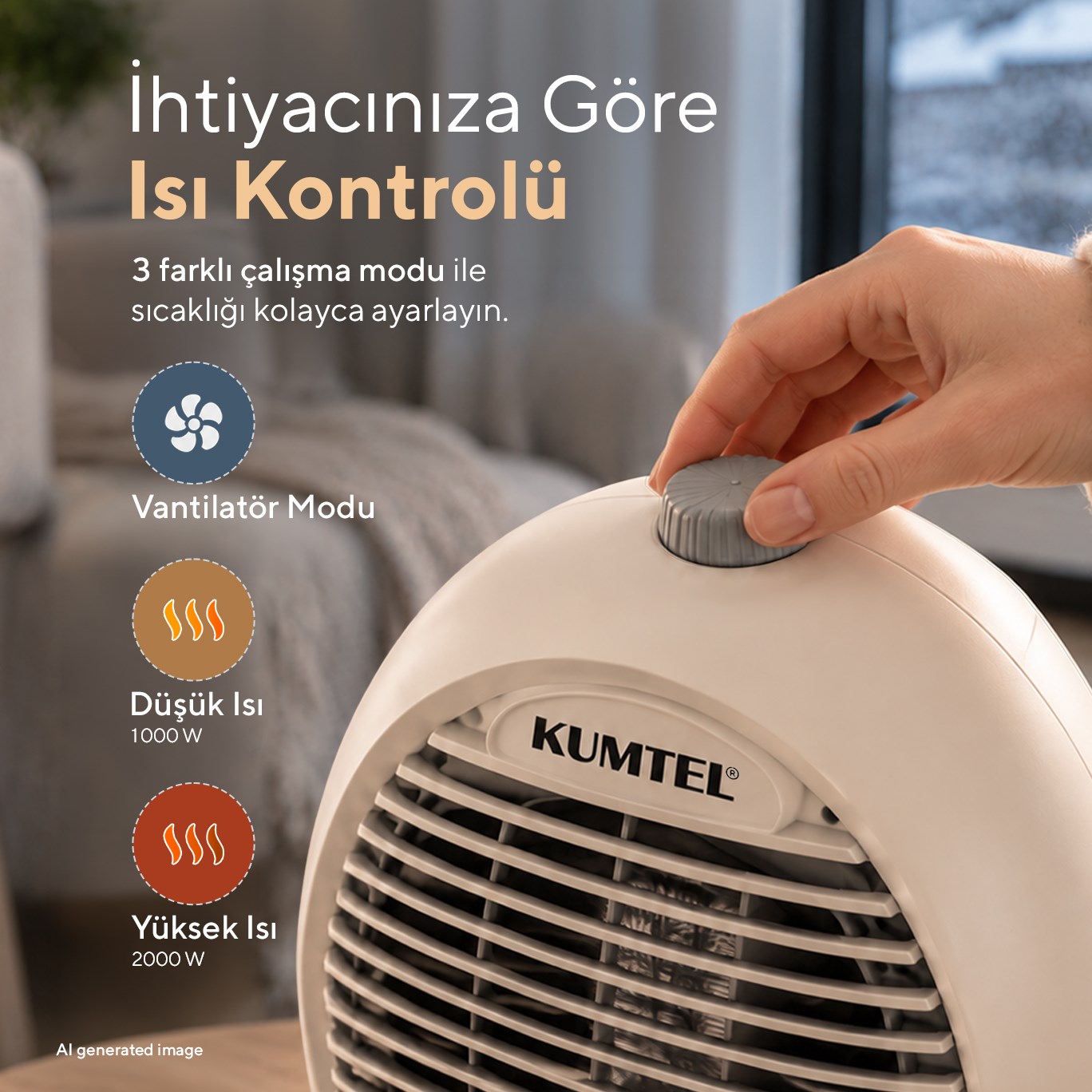 Kumtel 2000 W 3 Kademeli Sıcak-Soğuk Üflemeli Elektrikli Fanlı Isıtıcı Bej LX-6331