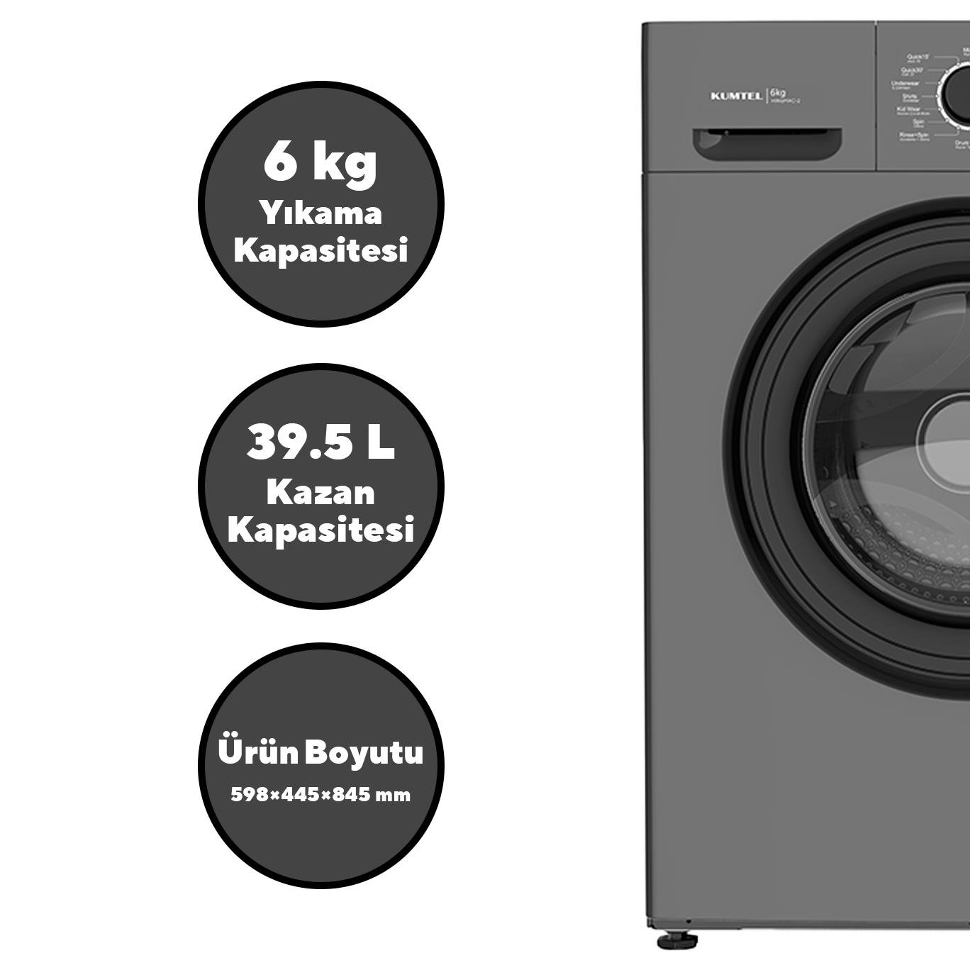 Kumtel 6kg Gri Çamaşır Makinesi HW6MAC-02