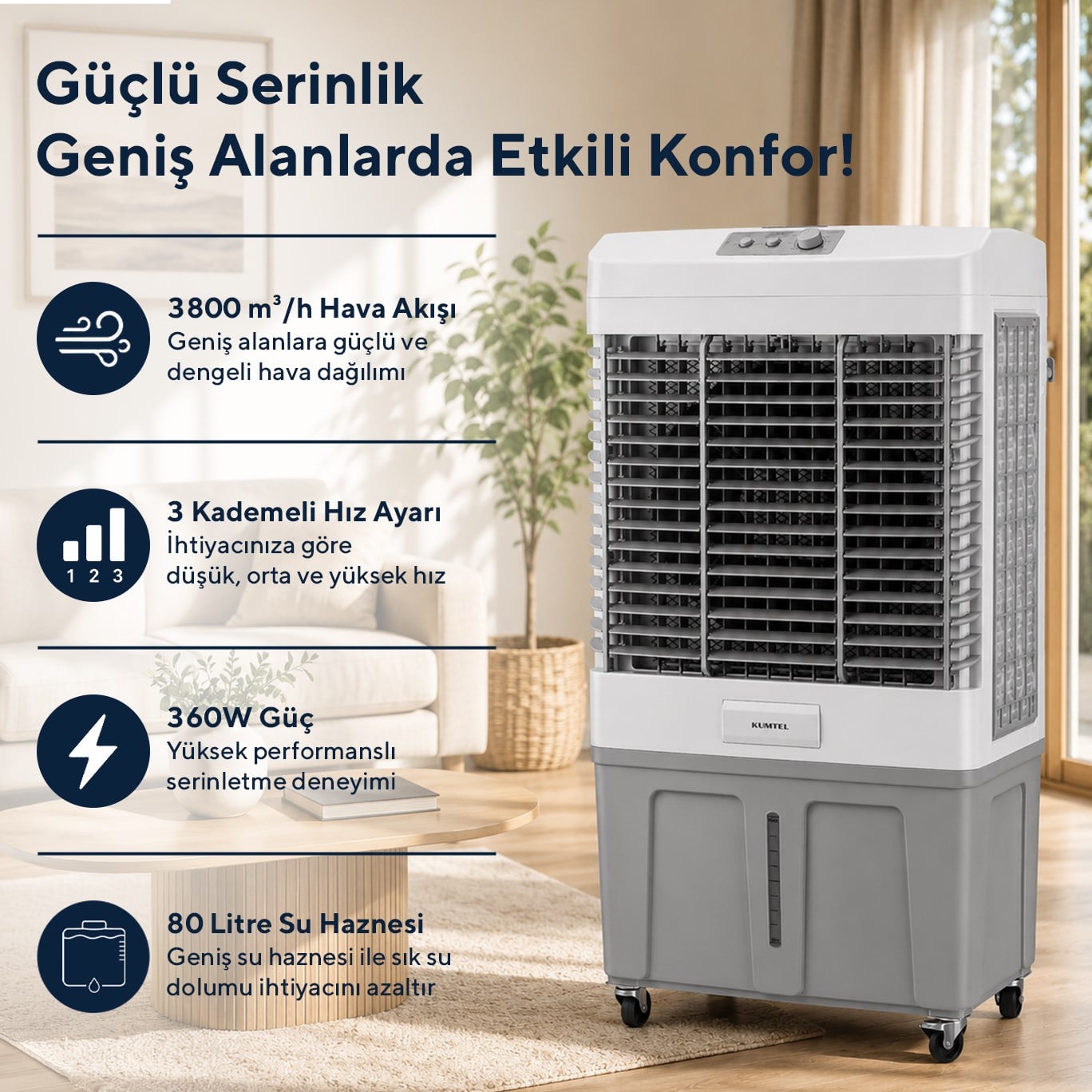 Kumtel 80 Litre Sulu Portatif Hava Soğutucu (Air Cooler) Büyük Boy HAC-100
