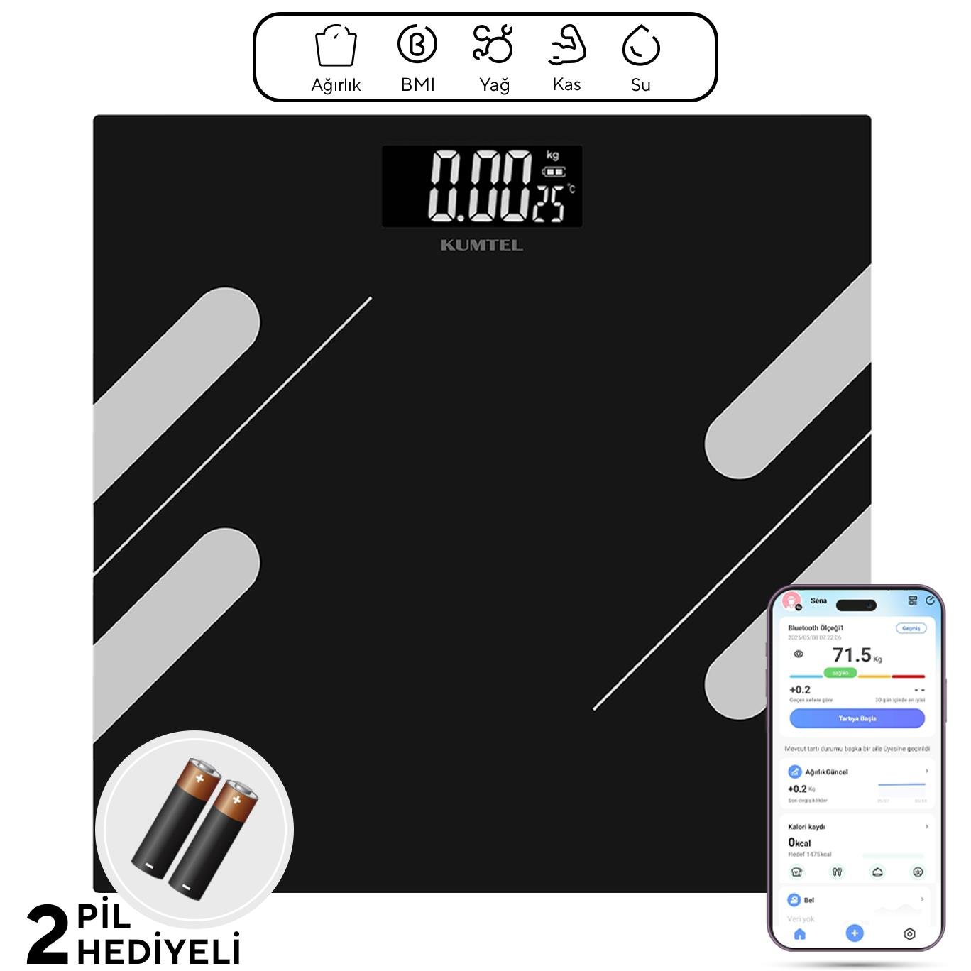 Kumtel Akıllı Dijital Baskül - Yağ Su Kas Vücut Kitle Endeksli Kilo Ölçer Tartı HDB-04