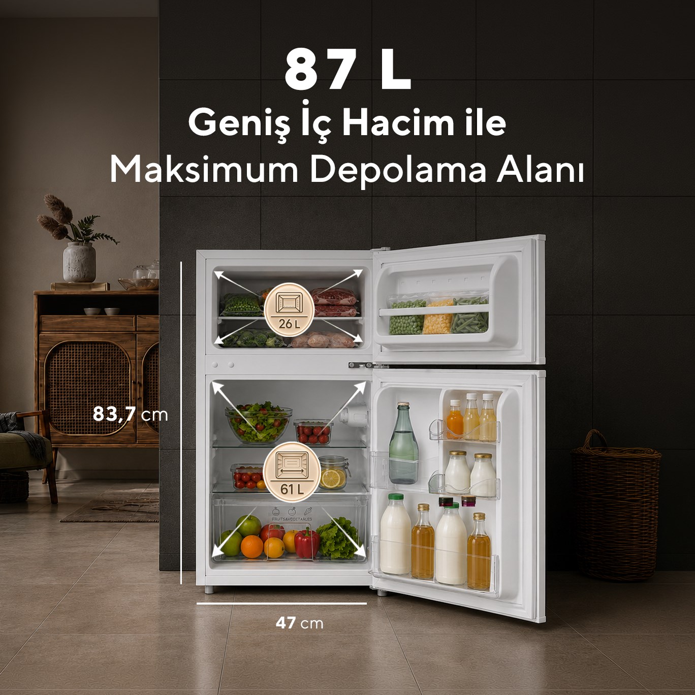 KUMTEL HTMF-90EW 87 L Çift Kapılı Mini Buzdolabı - Beyaz