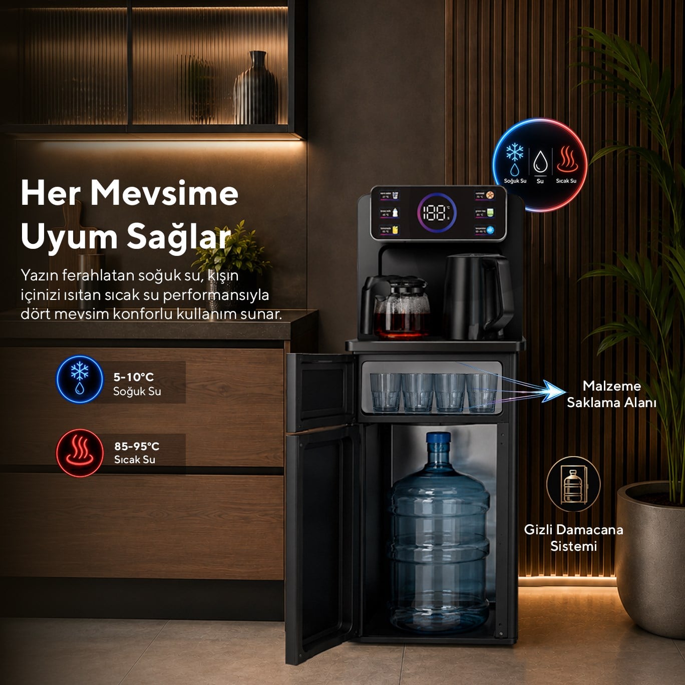 Kumtel HWDTB-02 Gizli Damacanalı Dijital Sıcak-Soğuk Su Sebili ve Otomatik Çay Makinesi