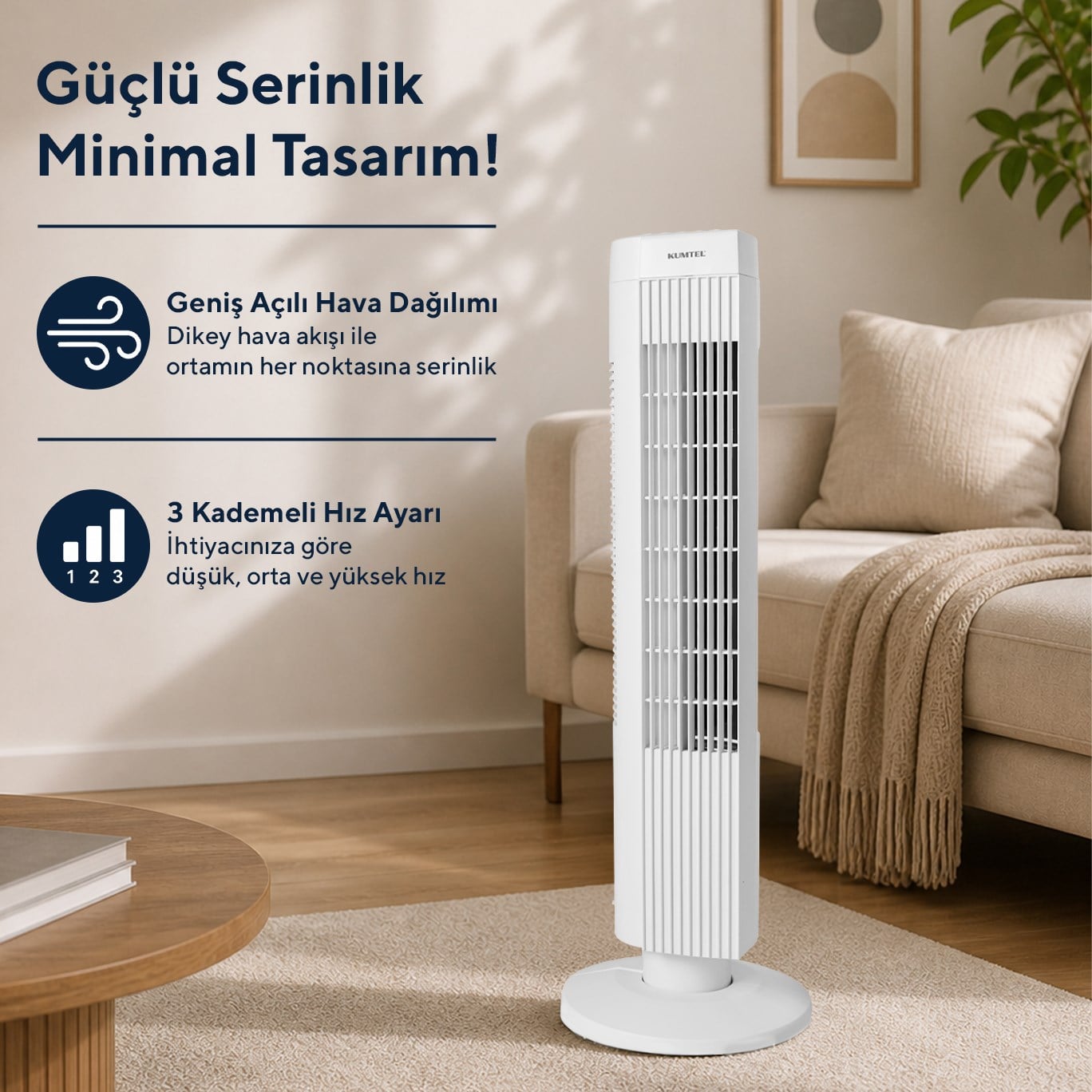 Kumtel KTF-258W Kule Tipi Beyaz Vantilatör – 50W, Zaman Ayarlı, 3 Hız Kademeli, Sessiz Çalışma